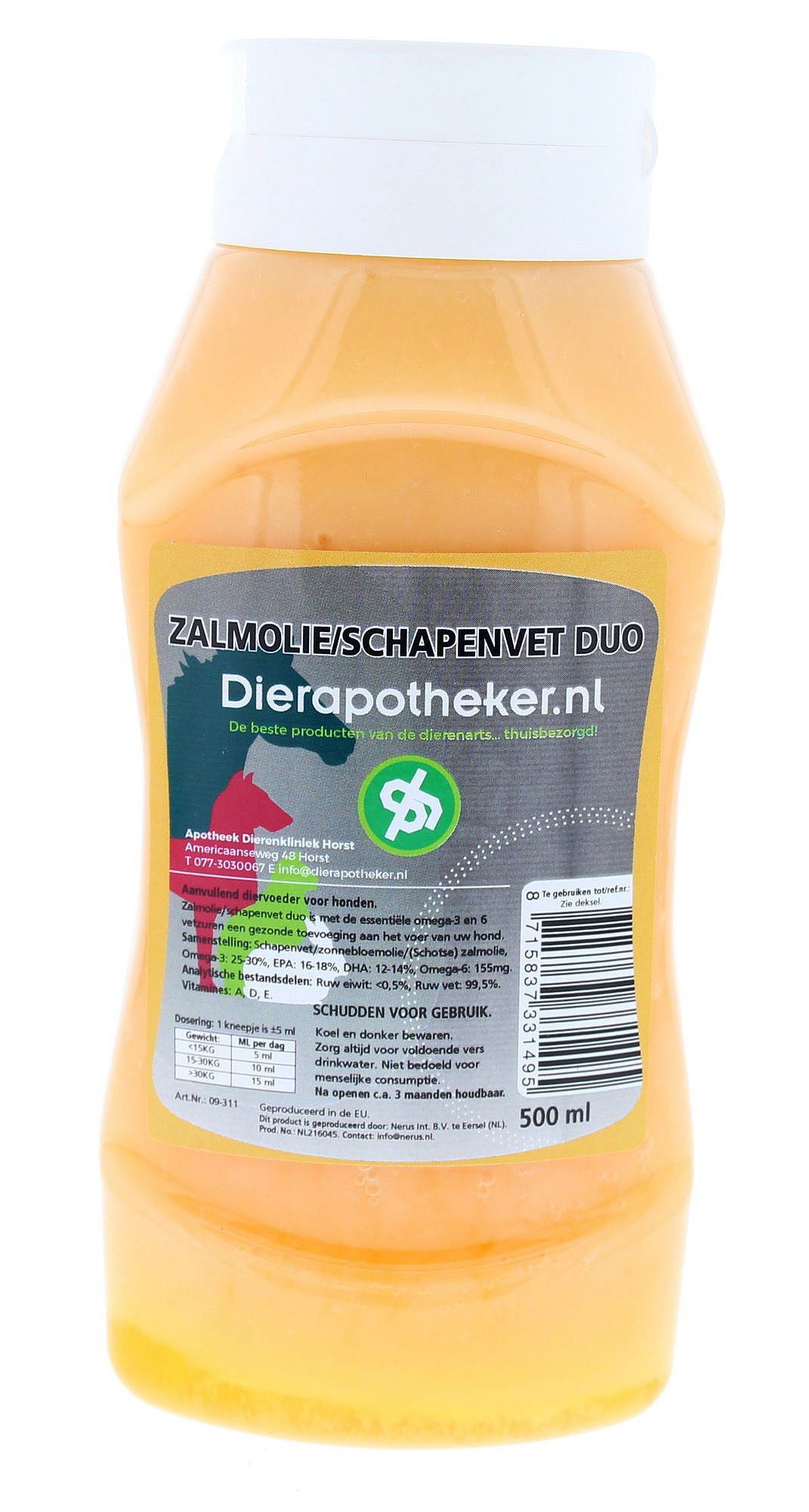 Dierapotheker Zalmolie/Schapenvet Duo Doseerflacon 500 ml